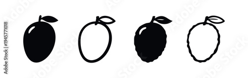 Stylized mango or plum fruit black silhouette and outline icon set. Food and nature symbols.