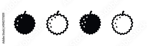 Thorny tropical fruit or durian black silhouette and outline icon set.
