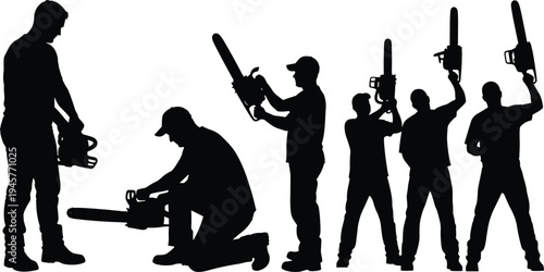 Black silhouette collection of professional lumberjack men using chainsaws for wood cutting and tree surgery work on isolated white background