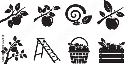 Black and white apple picking icons and symbols set