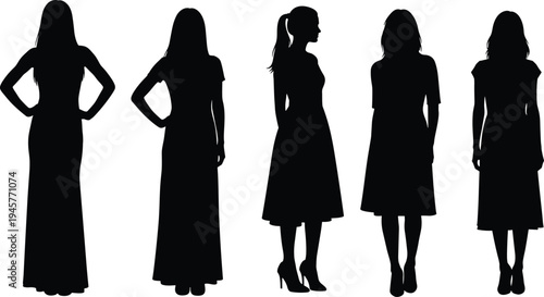 Set of five elegant female fashion silhouettes in long dresses and midi skirts standing in various poses on white background,
