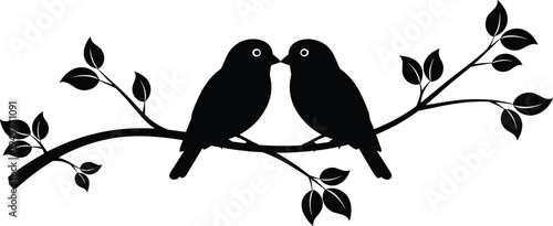 Romantic, two, birds, kissing, on, tree, branch, silhouette, symbolizing, love, nature, couple, perched, with, leaves, minimal, black, illustration, wildlife, romance