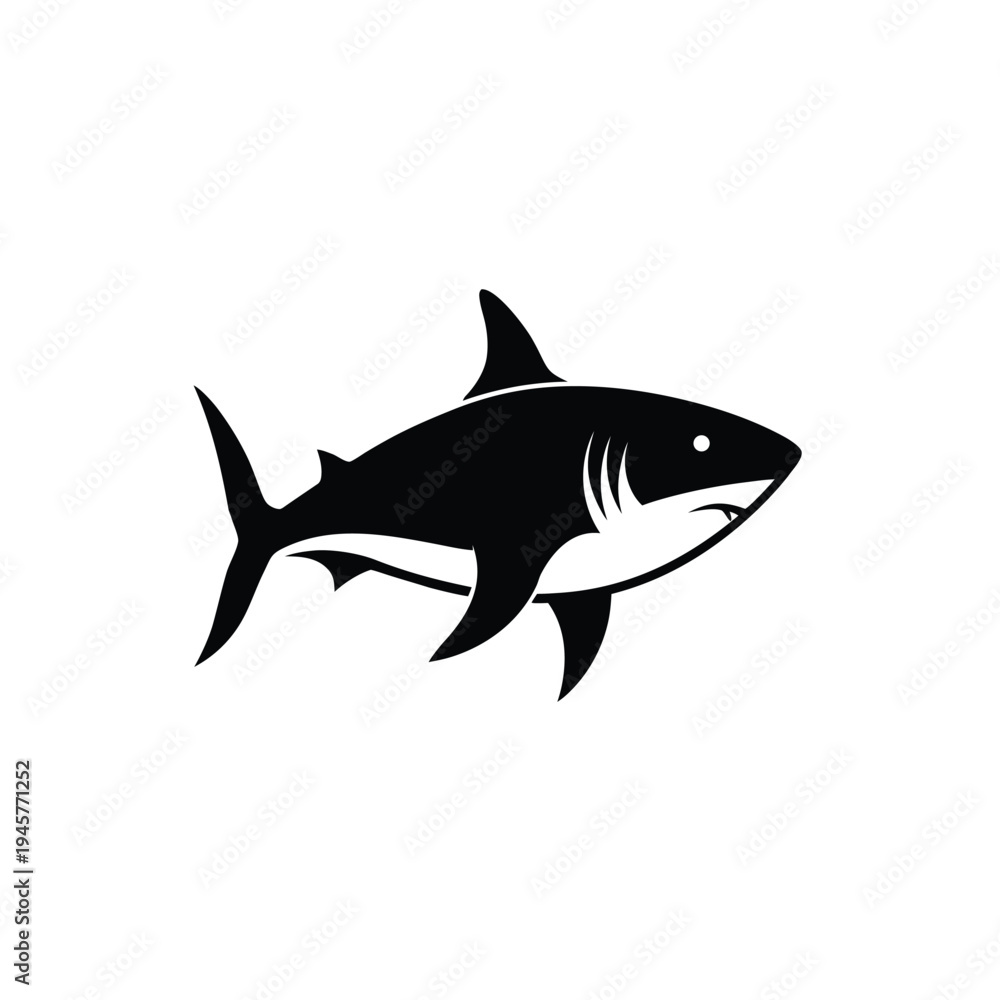 Obraz premium A black and white vector graphic illustration of a smiling shark