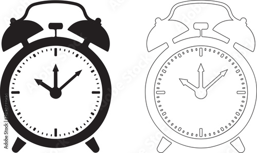 Two alarm clocks in black silhouette and line art on white background