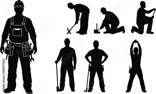 Black silhouette set of construction workers, handymen, and builders with tools, wearing hard hats and overalls isolated on white background