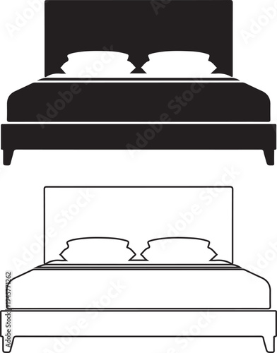 Two beds with headboards and pillows in black and white line art styles