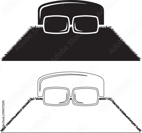 Two line art illustrations of fuzzy hats with glasses on transparent background