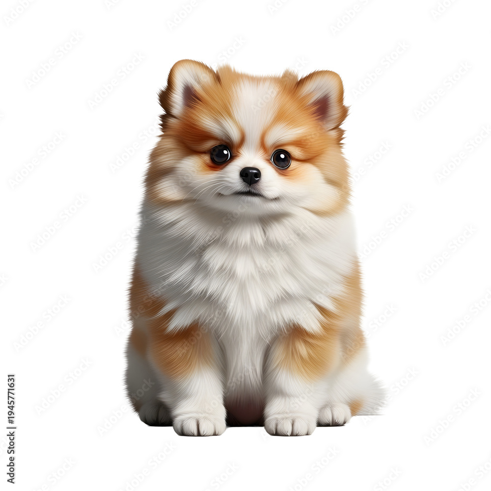 Obraz premium Adorable sitting pedigreed brown pomeranian spitz puppy portrait isolated on white background as a cute fluffy domestic pet animal