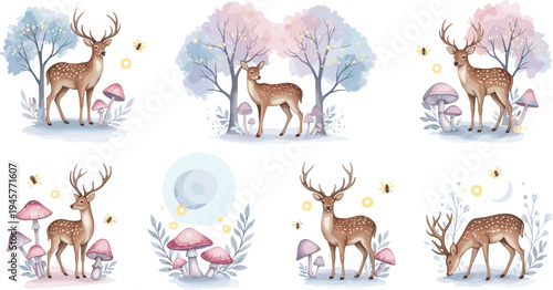 Watercolor woodland deer collection featuring graceful bucks and fawns among magical pastel trees pink mushrooms fireflies and forest flora for whimsical digital design