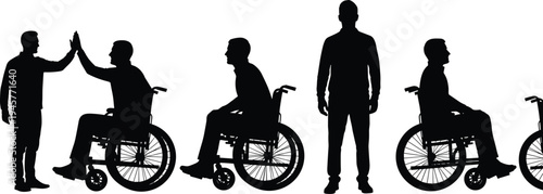 Black silhouette collection of men in wheelchairs interacting with friends, giving high fives, and standing for diversity, inclusion, and accessibility.