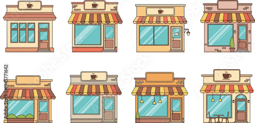 Coffee Shop Storefront Vector Set with Awning Windows and Cafe Sign Cute Retail Building Illustration for Small Business Street Shop Design