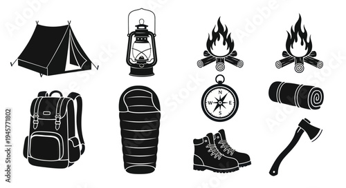 Black and White Camping Equipment Icons and Outdoor Adventure Symbols