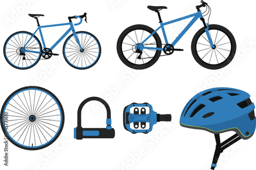 Collection of blue bicycle icons, road and mountain bikes, helmet, lock, wheel, and pedals, flat vector illustration, isolated on white background, set.