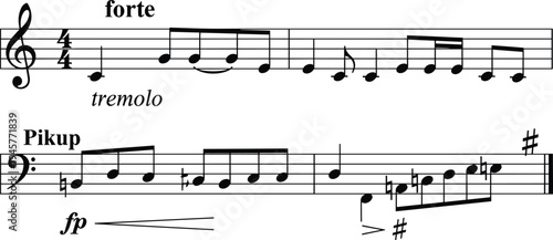 Classical music sheet notation set with treble and bass clef notes forte tremolo and dynamics flat vector illustration on white