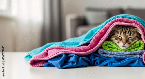 Cat sleeping in laundry pile symbolizing cozy home comfort