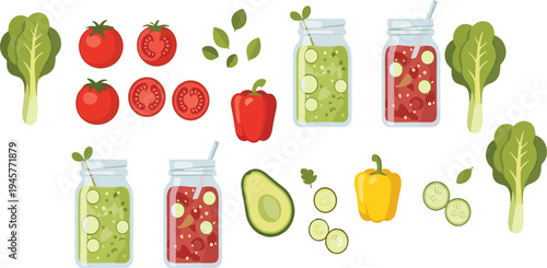 Fresh vegetable ingredients and healthy smoothies vector set with tomato, avocado, cucumber, pepper and green juice jars