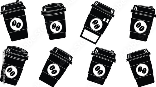 Coffee Takeaway Cup Silhouette Vector Set with Lid and Coffee Bean Icon Black Disposable Drink Cup Illustration for Cafe Branding and Menu Design