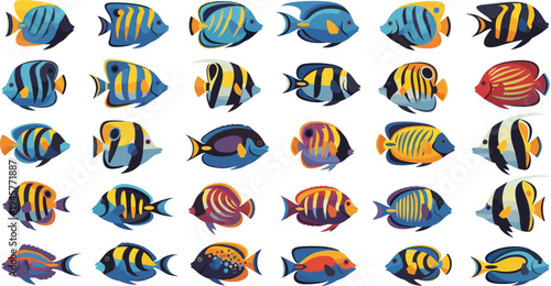 Collection of tropical reef fish vector illustrations set with angelfish and butterflyfish icons for marine biology, aquarium, and underwater design.