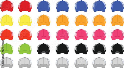 Colorful baseball cap and trucker hat mockup set with mesh back flat vector fashion technical sketches isolated on white background