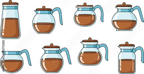 Glass Coffee Pot and Teapot Vector Set with Hot Beverage Illustration Collection for Cafe Kitchen Drinkware Design Barista Equipment and Brewing Graphics