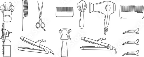 Hair salon tools outline vector set with scissors, comb, hairdryer, straightener, spray bottle and styling accessories illustration