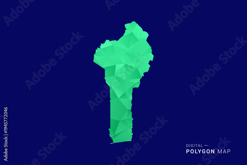 Benin Map - low poly polygon vector, geometric triangulated silhouette in green and blue tones, clean modern style, isolated background for infographic use.
