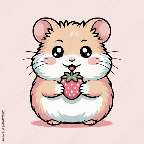 Cute hamster holding and eating a juicy strawberry happily indoors.