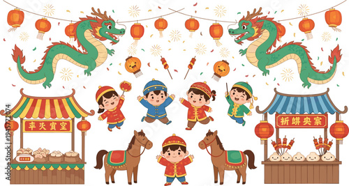 Festive Lunar New Year illustration set featuring children celebrating with green dragons red lanterns traditional food stalls horses and fireworks in a cute cartoon style.