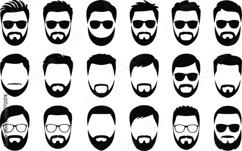Collection of bearded man head silhouettes with various hairstyles sunglasses and eyeglasses isolated on white background flat vector