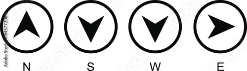Compass navigation arrow icon set featuring North South West and East direction indicators isolated on white background for travel maps.