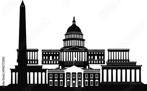 Black and white silhouette illustration of Washington DC landmarks including Capitol Building, White House, Washington Monument, Lincoln Memorial, and Jefferson Memorial representing history, 