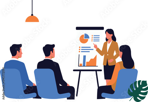 Business office illustration showing woman presenting data charts to team with flip chart, graphs, and attentive colleagues, symbolizing teamwork, communication, analysis, and professional 