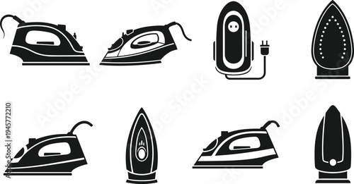 Electric steam iron silhouette icon set, household appliance vector collection, laundry equipment flat design, garment care tool, clothing press symbols, household iron.