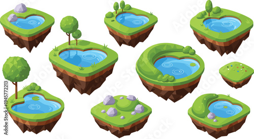 Floating Island Lake Landscape Vector Set with Grass Trees Rocks and Water Cartoon Nature Illustration Collection for Game Design Environment Assets