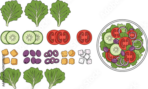 Fresh garden salad ingredients vector set with bowl, lettuce, tomato, cucumber, olives, and croutons isolated on white background for food menus.
