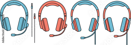 Gaming headset and professional headphones vector icon set with microphone, audio cable, and over-ear design isolated on white background for technology.