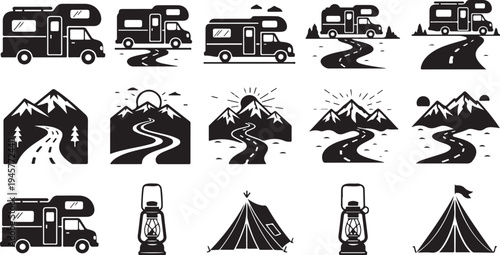 Camping and travel icons in black and white style