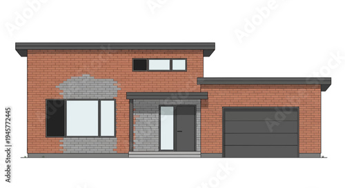 Modern Brick House Vector with Garage - Architectural Concept