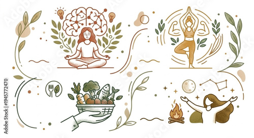 Wellness and Healthy Lifestyle Concept with Mindfulness Meditation and Nutrition Line Art