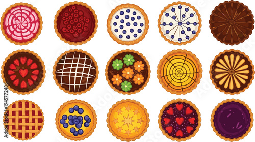 Fruit tart and sweet pie collection with berry chocolate and lemon fillings set of flat vector bakery illustrations on white