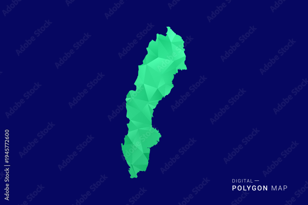 Obraz premium Sweden Map - low poly polygon vector, geometric triangulated silhouette in green and blue tones, clean modern style, isolated background for infographic use.