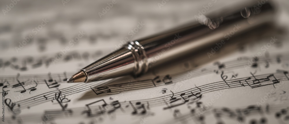 Fototapeta premium The Pen Resting on Sheet Music with Soft Focus and Warm Bokeh