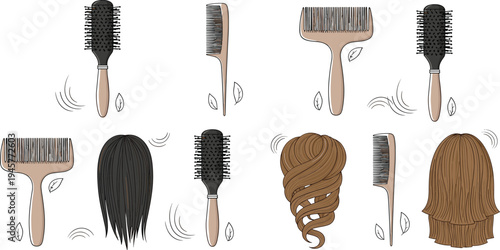 Hair Styling Tools and Hairstyles Vector Illustration Set with Brushes Combs Straight Hair Curly Lock and Hair Care Accessories