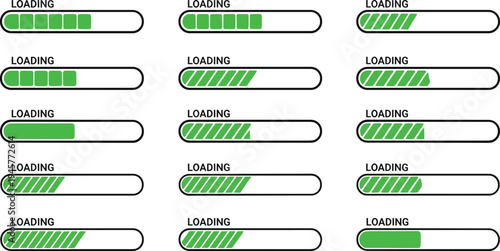 Green progress bar loading indicator vector icon set featuring various completion levels and stripe patterns for web and app interface design.