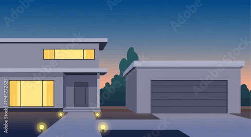 Modern House Exterior at Dusk with Illuminated Path and Garage