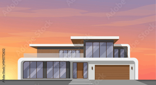 Modern House Exterior at Sunset with Stylish Architecture