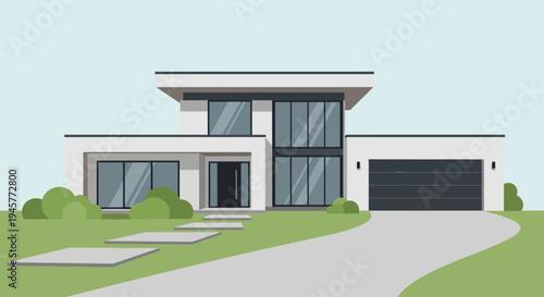 Modern House Exterior Flat Design with Driveway and Landscaping