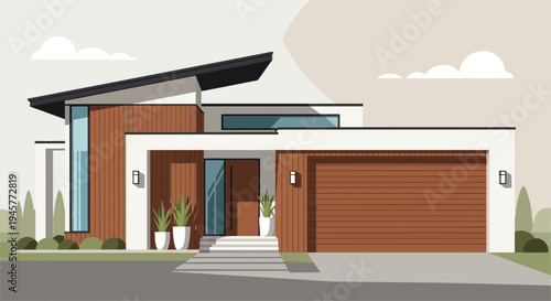 Modern House Exterior Flat Design with Garage