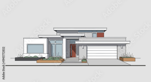 Modern House Exterior Flat Design with Neutral Colors and Minimalist Architecture
