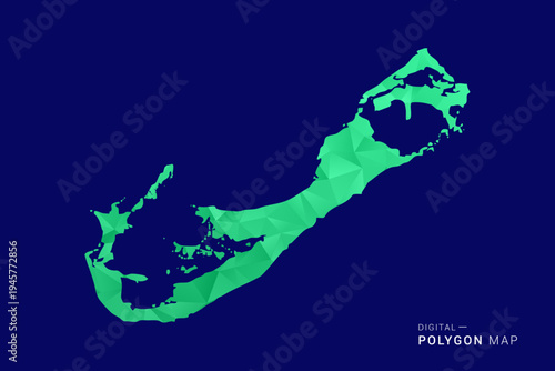 Bermuda Map - low poly polygon vector, geometric triangulated silhouette in green and blue tones, clean modern style, isolated background for infographic use.